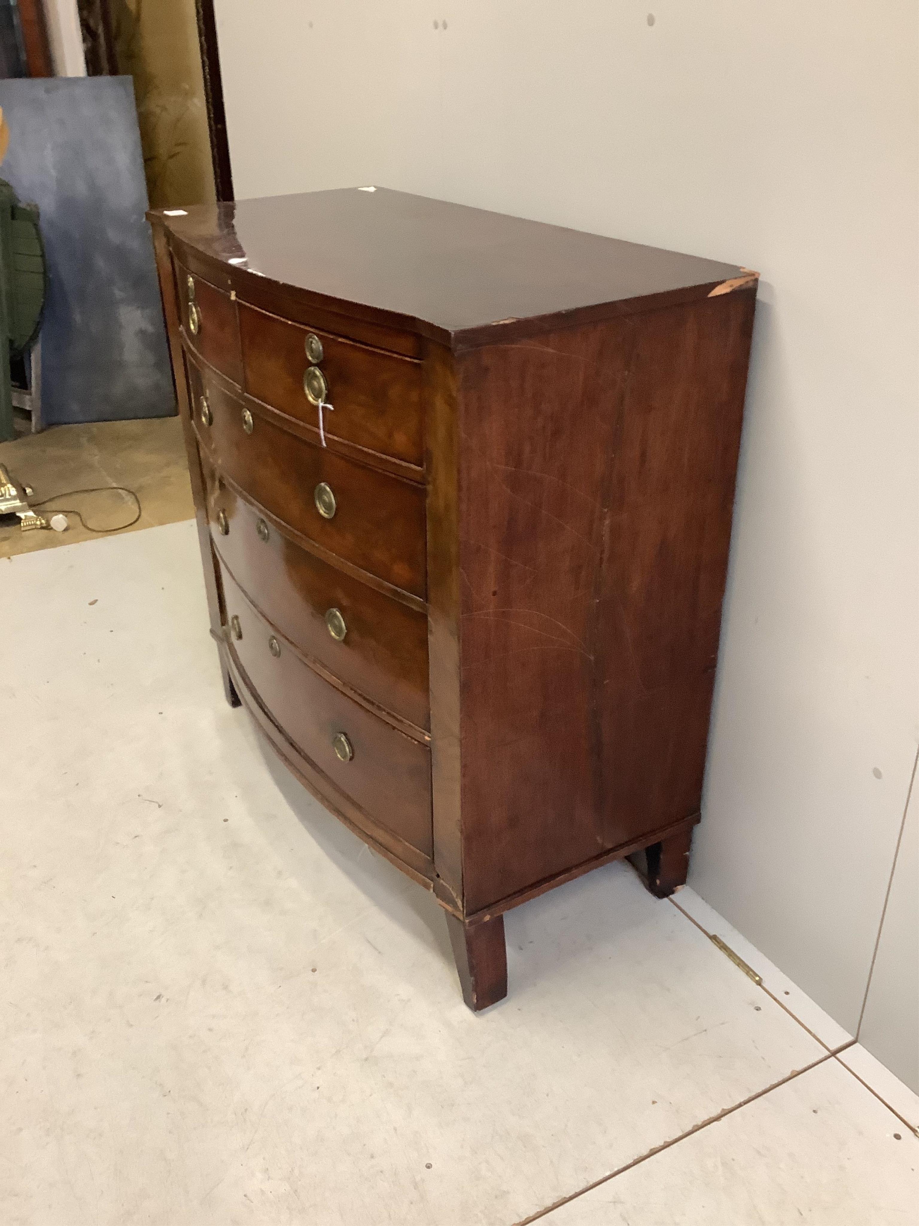 An early Victorian mahogany bowfront chest, width 106cm, depth 52cm, height 104cm. Condition - poor